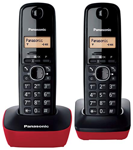 Panasonic KX-TG1612SPR Teléfono Inalámbrico Digital DECT, Unidad Base y 2 Auriculares, Identificador De Llamadas, Batería Larga Duración, Pantalla LCD, Agenda, Rellamada, Despertador, Rojo